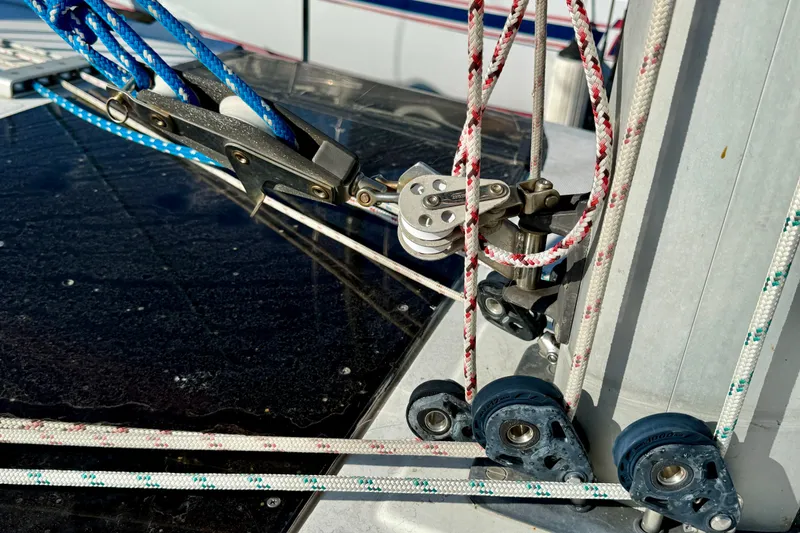 Close-up of sailing rigging on a 1988 Beneteau Oceanis 390 yacht.