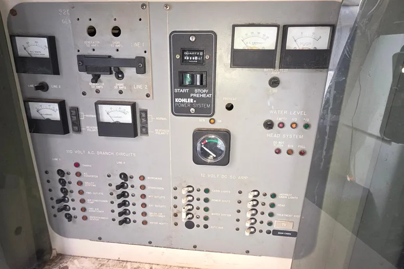 Control panel of a 1988 Sea Ray 460 Express Cruiser with various gauges and switches.