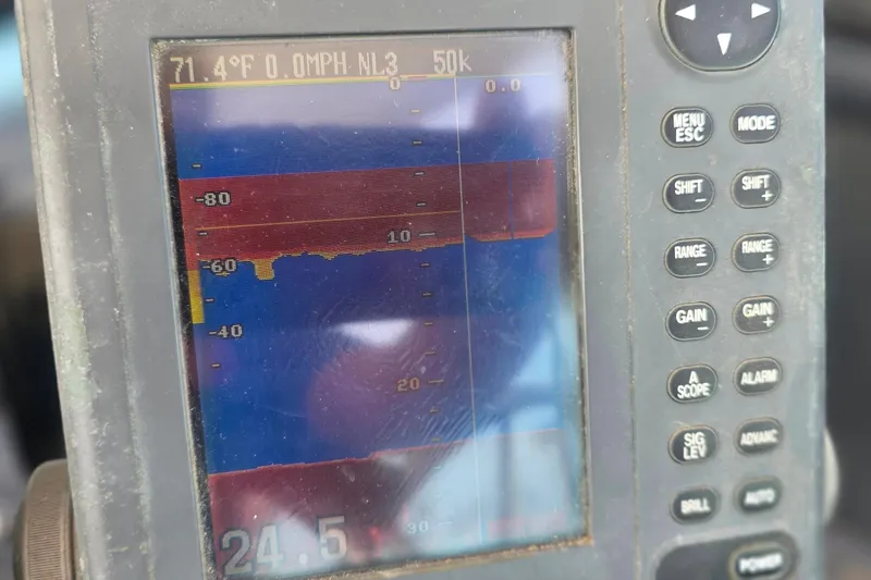Close-up of a marine navigation display on a 1988 Sea Ray 460 Express Cruiser.