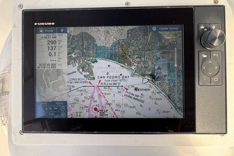 Furuno marine GPS displaying San Pedro Bay navigation map on Blackfin 32 Flybridge, 1984 model.