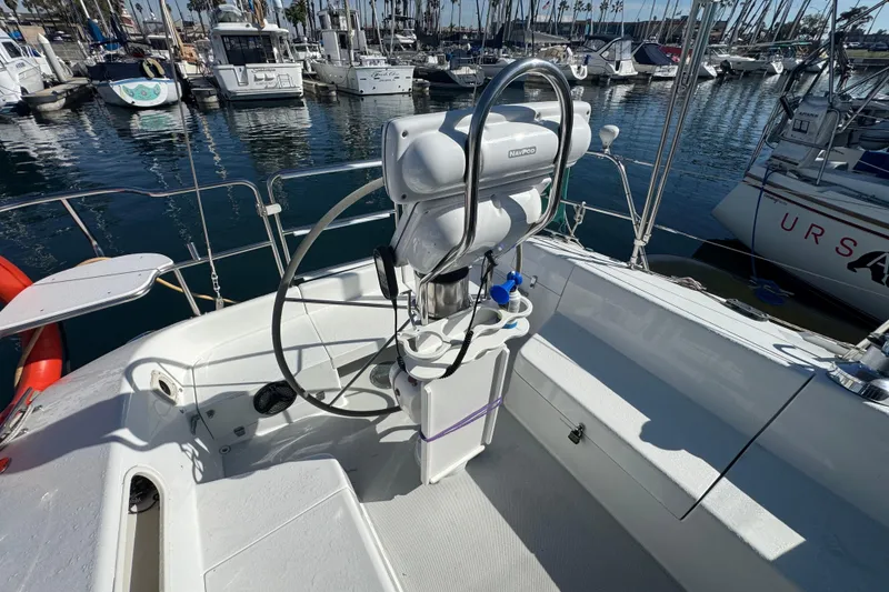 Cockpit of a 1997 Catalina 36 MkII sailboat docked in a marina.
