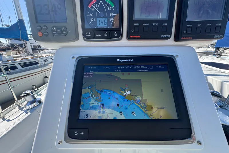 Navigation instruments on a 1997 Catalina 36 MkII sailboat, featuring Raymarine display.
