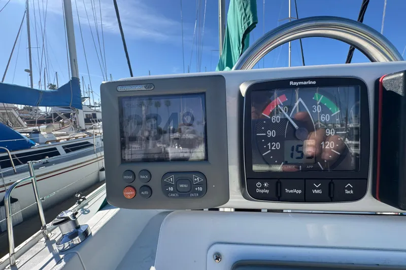 Cockpit instruments of a 1997 Catalina 36 MkII sailboat, showing navigation and wind data.