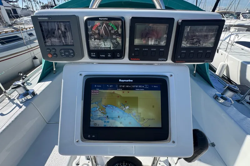 Cockpit navigation instruments on a 1997 Catalina 36 MkII sailboat.
