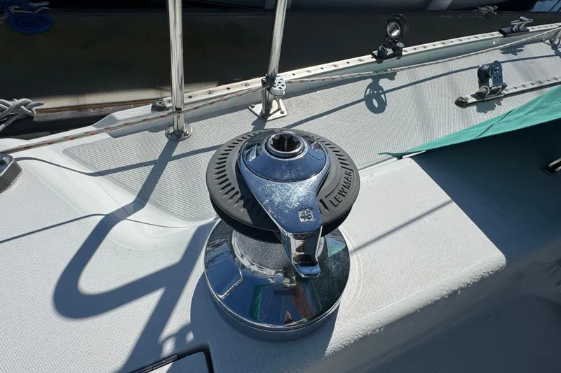 Winch on 1997 Catalina 36 MkII sailboat deck, featuring Lewmar branding.