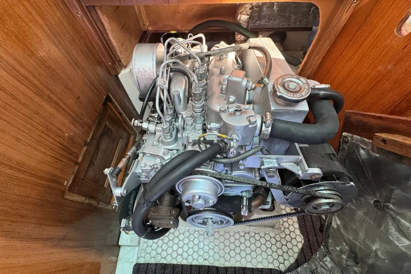 Engine of a 1997 Catalina 36 MkII sailboat, showcasing mechanical components.