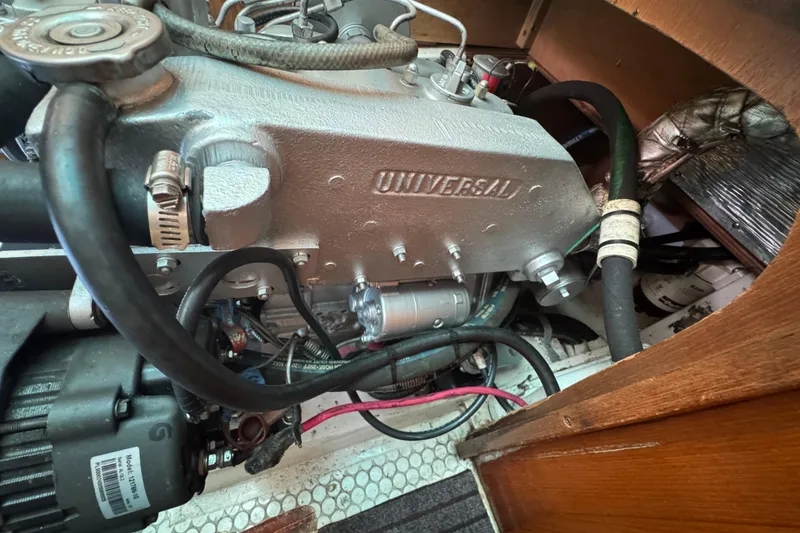 Engine compartment of a 1997 Catalina 36 MkII sailboat, featuring a Universal engine.
