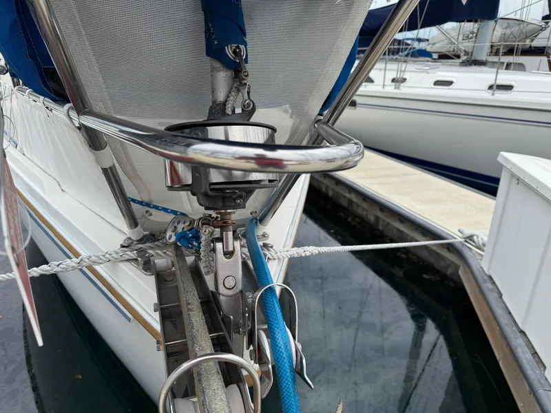 1985 Catalina 36 MK1 sailboat bow with rigging details at marina.