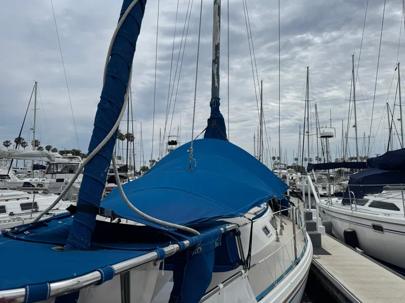 1985 Catalina 36 MK1 sailboat docked at marina with blue sail cover.