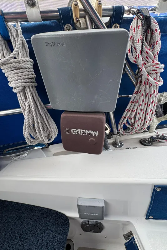Sailboat cockpit with ropes and equipment, Catalina 36 MK1, 1985 model.