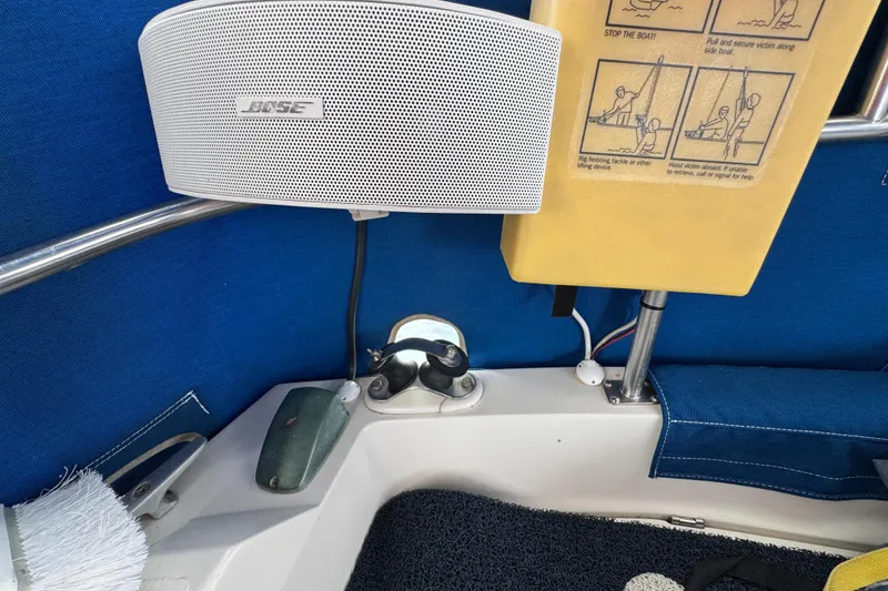 Interior of 1985 Catalina 36 MK1 with Bose speaker and safety instructions.