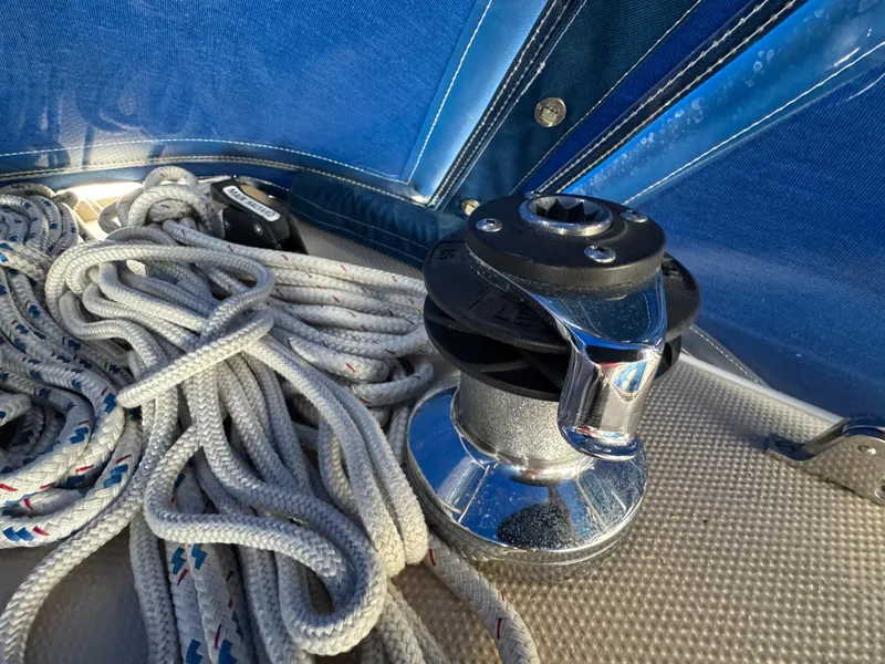 Winch and ropes on a 1985 Catalina 36 MK1 sailboat deck.