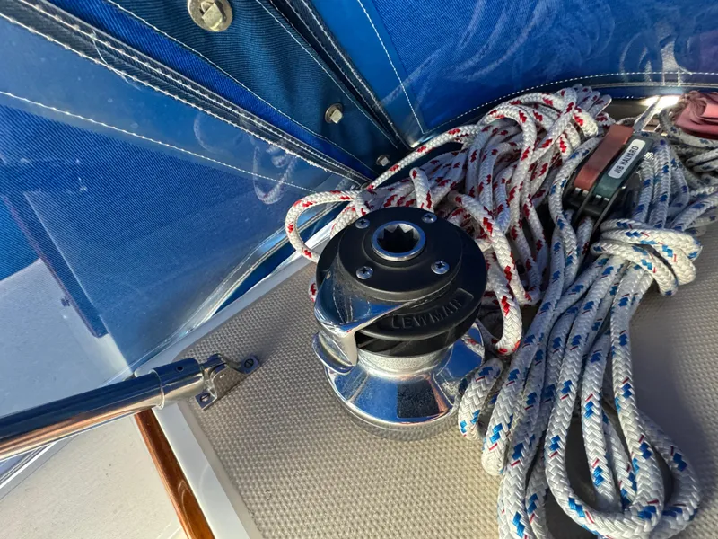 Winch and ropes on a 1985 Catalina 36 MK1 sailboat deck.