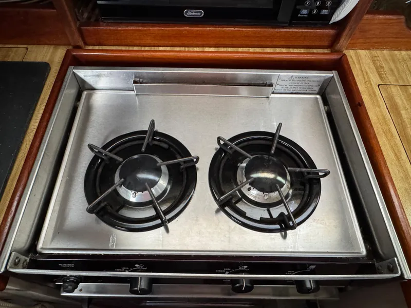Two-burner stove in 1985 Catalina 36 MK1 yacht kitchen.
