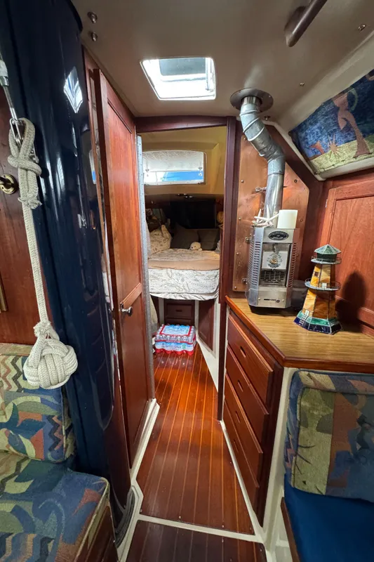 Interior of a 1985 Catalina 36 MK1 yacht with wood finish.