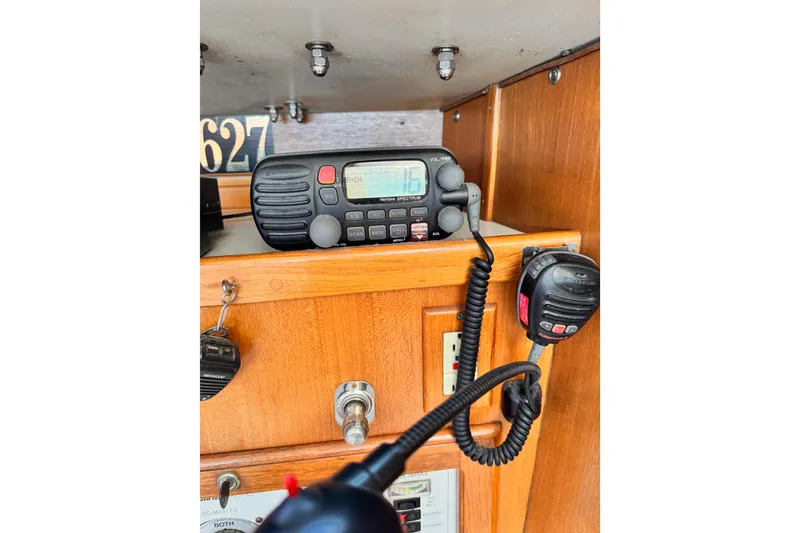 VHF radio equipment inside a 1995 Catalina 36 MkII sailboat cabin.