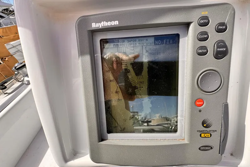 Raytheon chartplotter on 1995 Catalina 36 MkII sailboat, displaying navigation data.