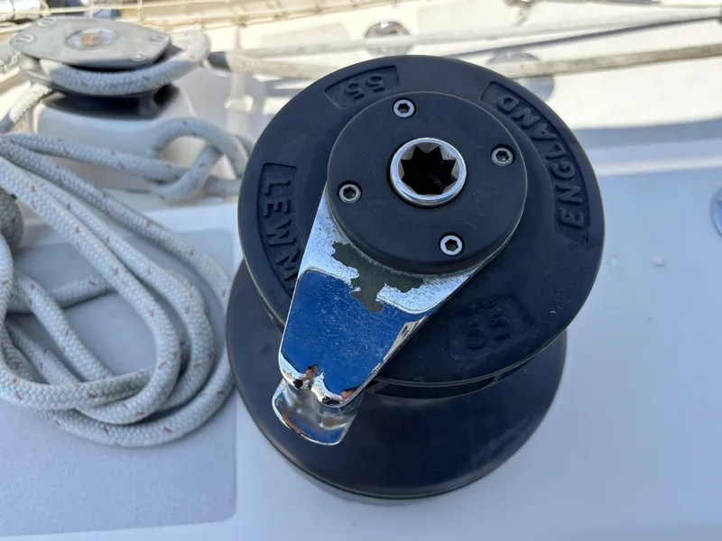 Sailboat winch on Norseman 447, 1982 model, with ropes and deck details.