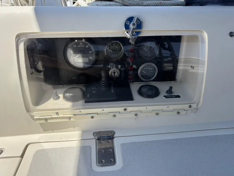 Control panel of a 1982 Norseman 447 boat with gauges and switches.
