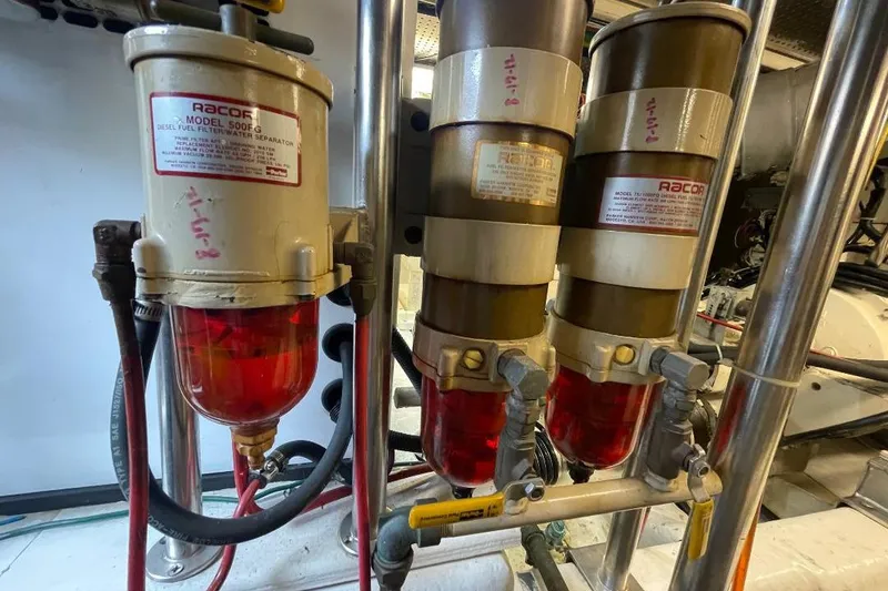 Racor diesel fuel filters in 1990 Offshore Yachts 55 Pilothouse engine room.