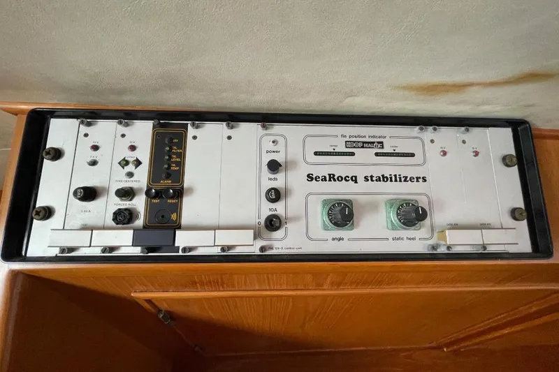 Control panel of SeaRocq stabilizers on a 1990 Offshore Yachts 55 Pilothouse.