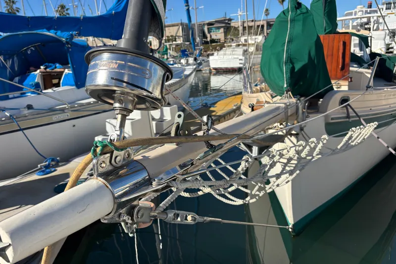 1983 Bristol Channel Cutter 28 sailboat docked, showcasing rigging and deck details.