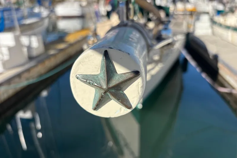 Close-up of a star-shaped detail on a 1983 Bristol Channel Cutter 28 sailboat.