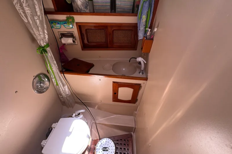 Compact 1989 Gulf Pilot House bathroom with sink, toilet, and wooden accents.