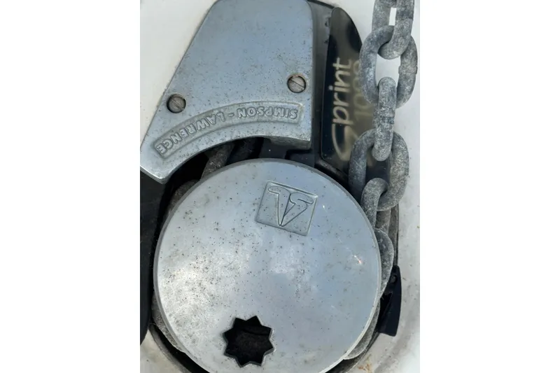 Close-up of a Simpson-Lawrence windlass on a 1999 Hunter Passage 420 sailboat.