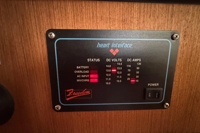 Control panel of a 1999 Hunter Passage 420 sailboat, displaying voltage and amperage.