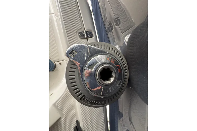 Close-up of a Lewmar winch on a 1999 Hunter Passage 420 sailboat.