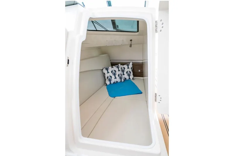 Manufacturer Provided Image: 2018 Boston Whaler 320 Vantage cabin interior with cushions and a blue mat.