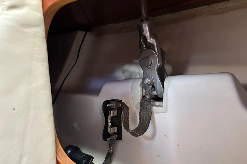 Close-up of rigging inside a 1997 Beneteau Oceanis 400 sailboat.