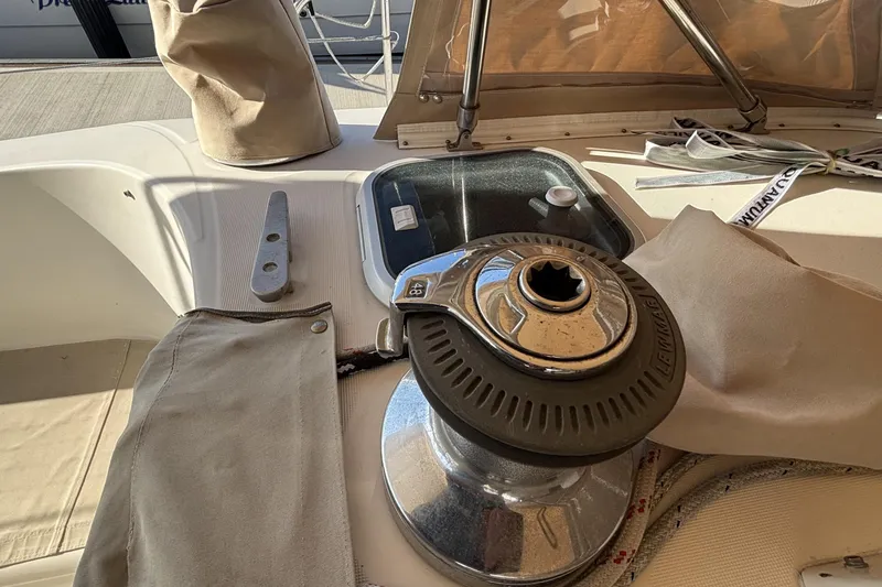 Winch and deck details on a 1997 Beneteau Oceanis 400 sailboat.