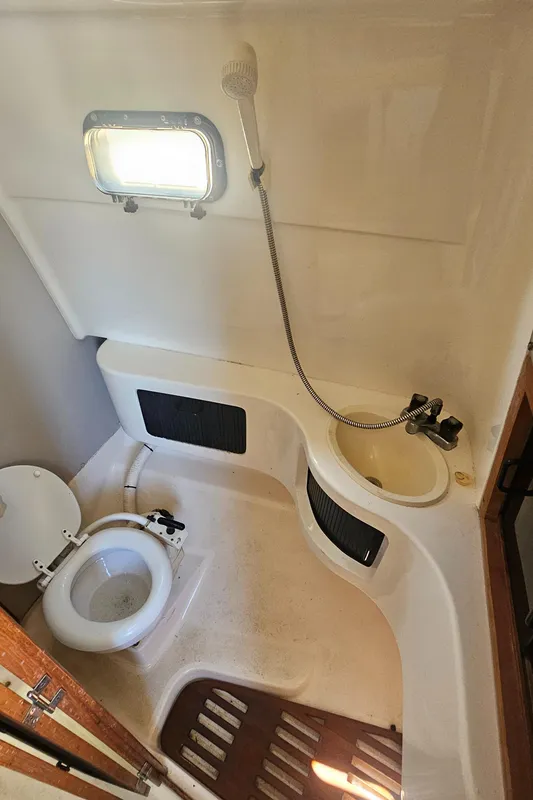 1992 Luhrs Tournament 300 boat bathroom with toilet, sink, and showerhead.