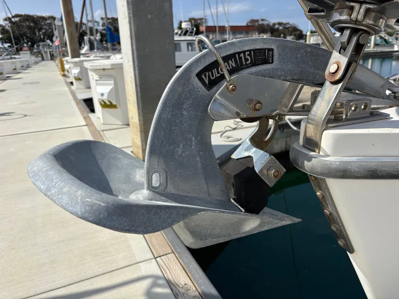 Catalina 320 sailboat with Vulcan 115 anchor at marina dock, 2005 model.