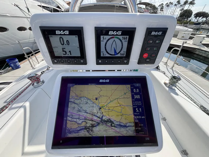 Cockpit navigation system on a 2005 Catalina 320 sailboat, featuring B&G displays.