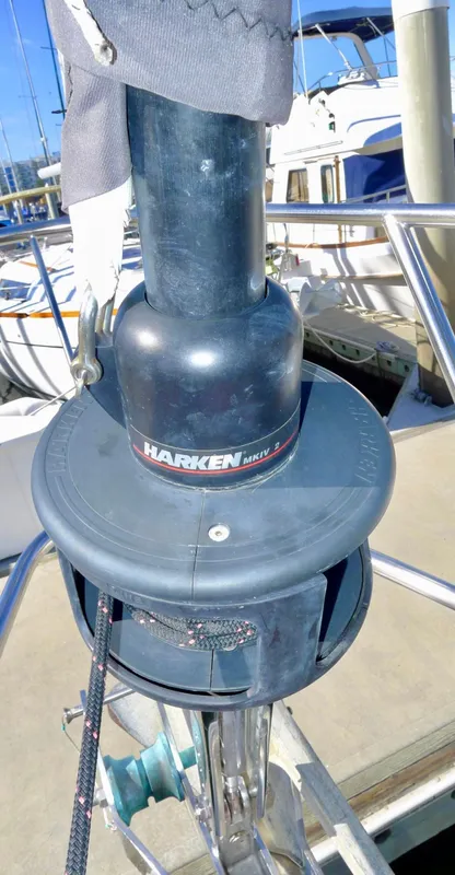 Close-up of a Harken winch on a 1987 Norseman 400 sailboat.