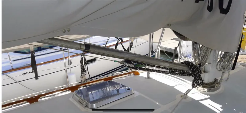 Sailboat deck view of 1987 Norseman 400 with rigging and hatch.