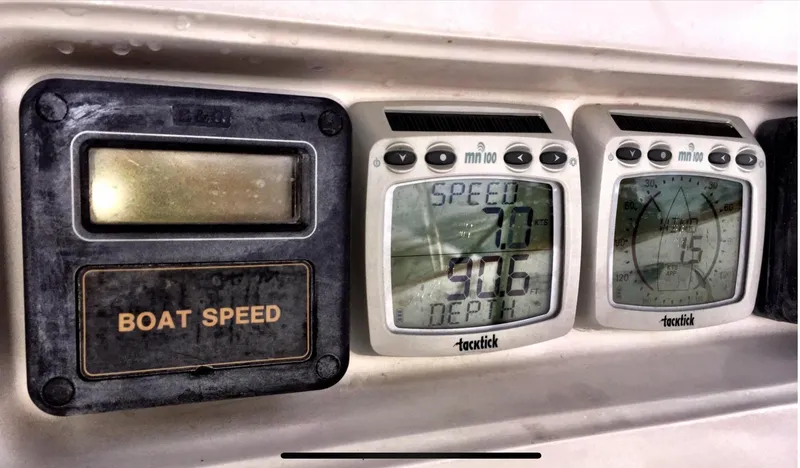 Boat speed and depth gauges on a 1987 Norseman 400 yacht dashboard.