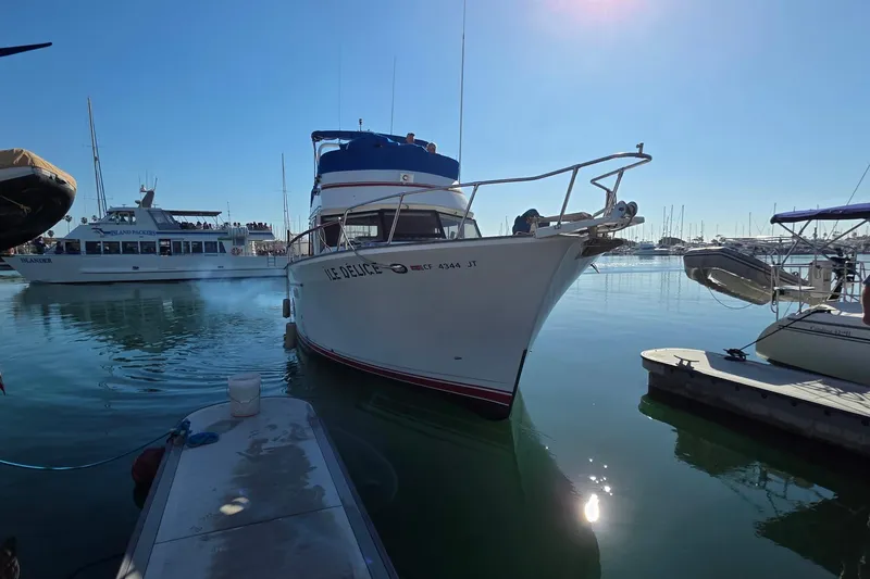 1983 Sea Ranger 45 Sun Deck yacht docked in a sunny marina.