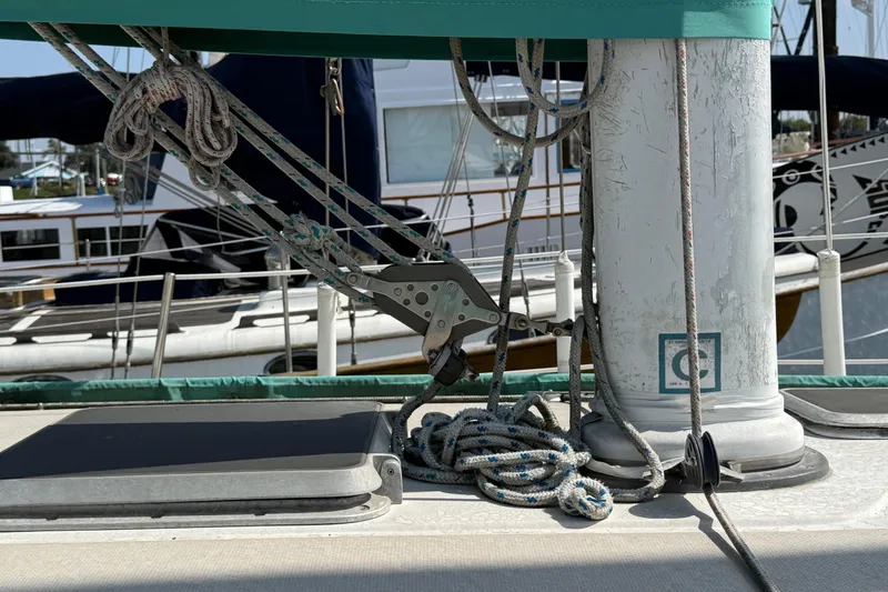 Close-up of Catalina 36 sailboat rigging and mast, 1987 model, docked at marina.