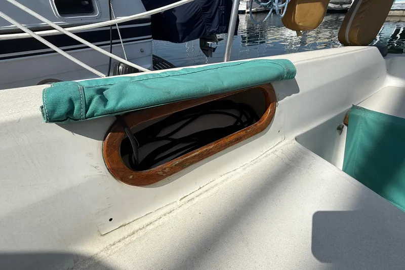 Catalina 36 sailboat cockpit detail with teal canvas cover, 1987 model.