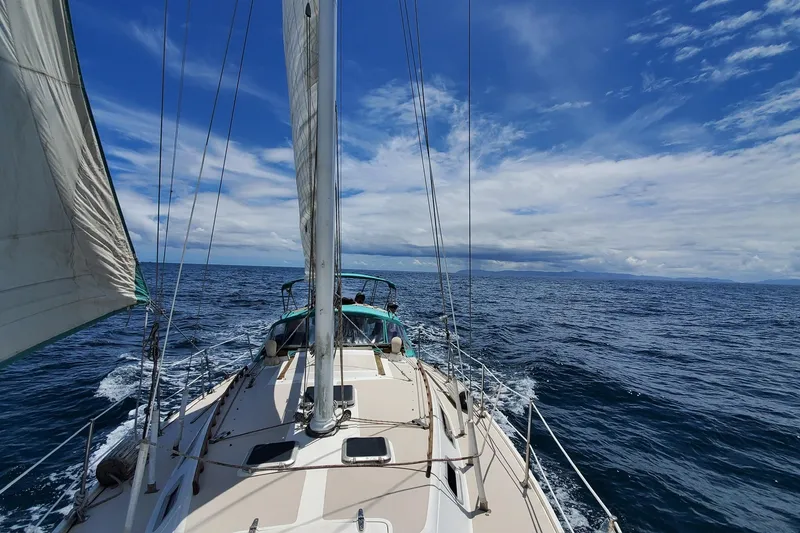 Sailing on a 1987 Catalina 36 yacht under a clear blue sky.