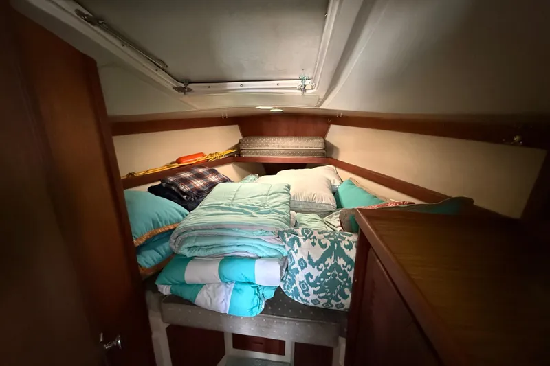 Cozy cabin interior of 1987 Catalina 36 sailboat with bedding and storage.