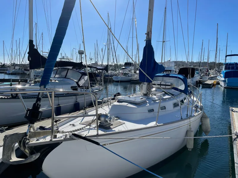 1980 Rival 32 sailboat docked in marina.