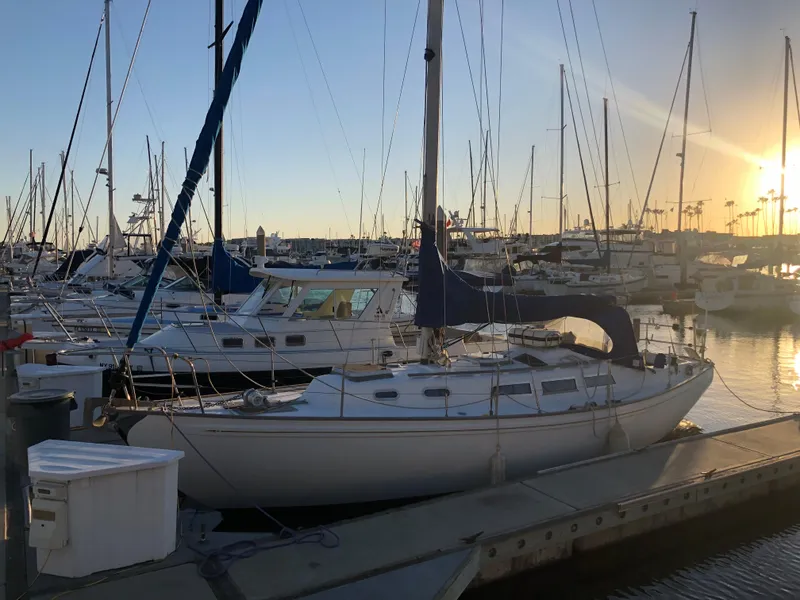 1980 Rival 32 sailboat docked at marina during sunset.