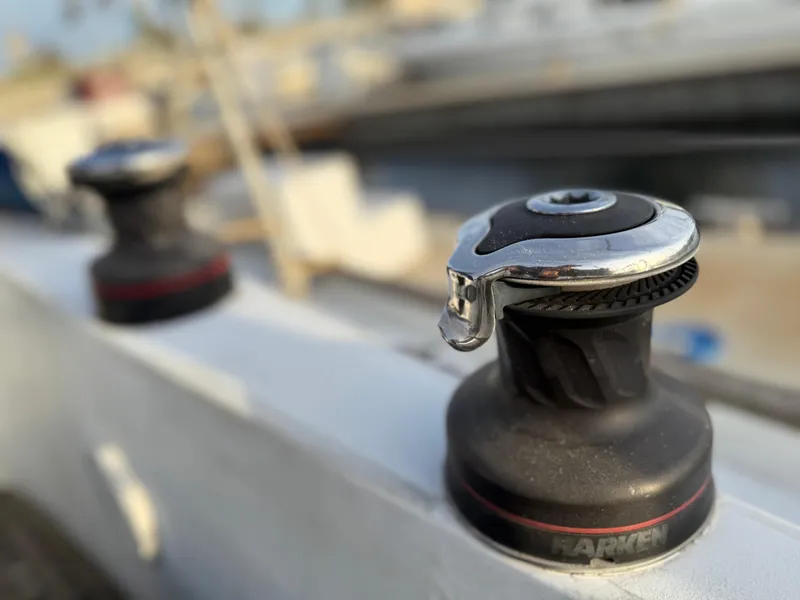 Close-up of a Harken winch on a 1980 Rival 32 yacht.
