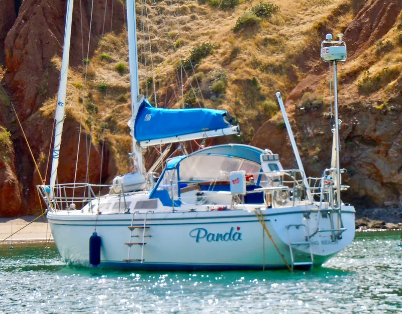 Catalina 36 Sloop 1984 sailboat anchored near rocky shoreline with blue cover.