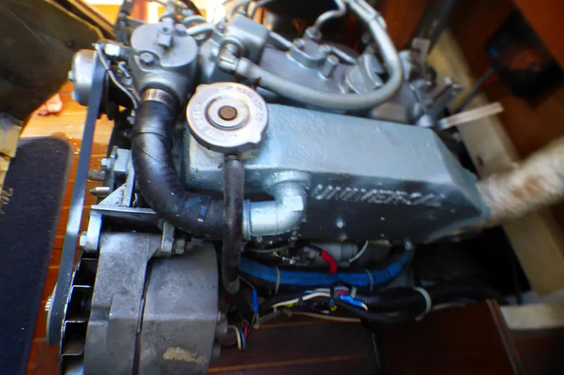 Engine of 1984 Catalina 36 Sloop sailboat, detailed view.